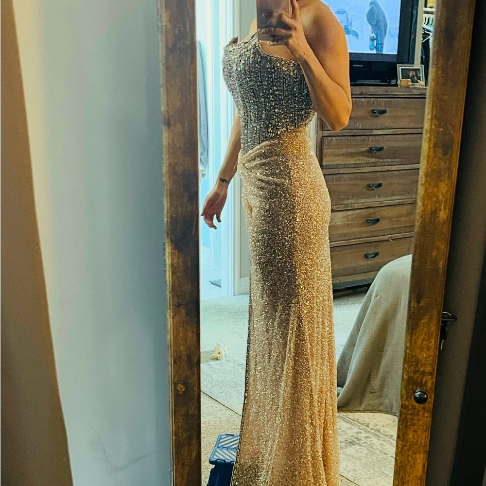 Elegant Strapless Gold Sequin Evening Gown